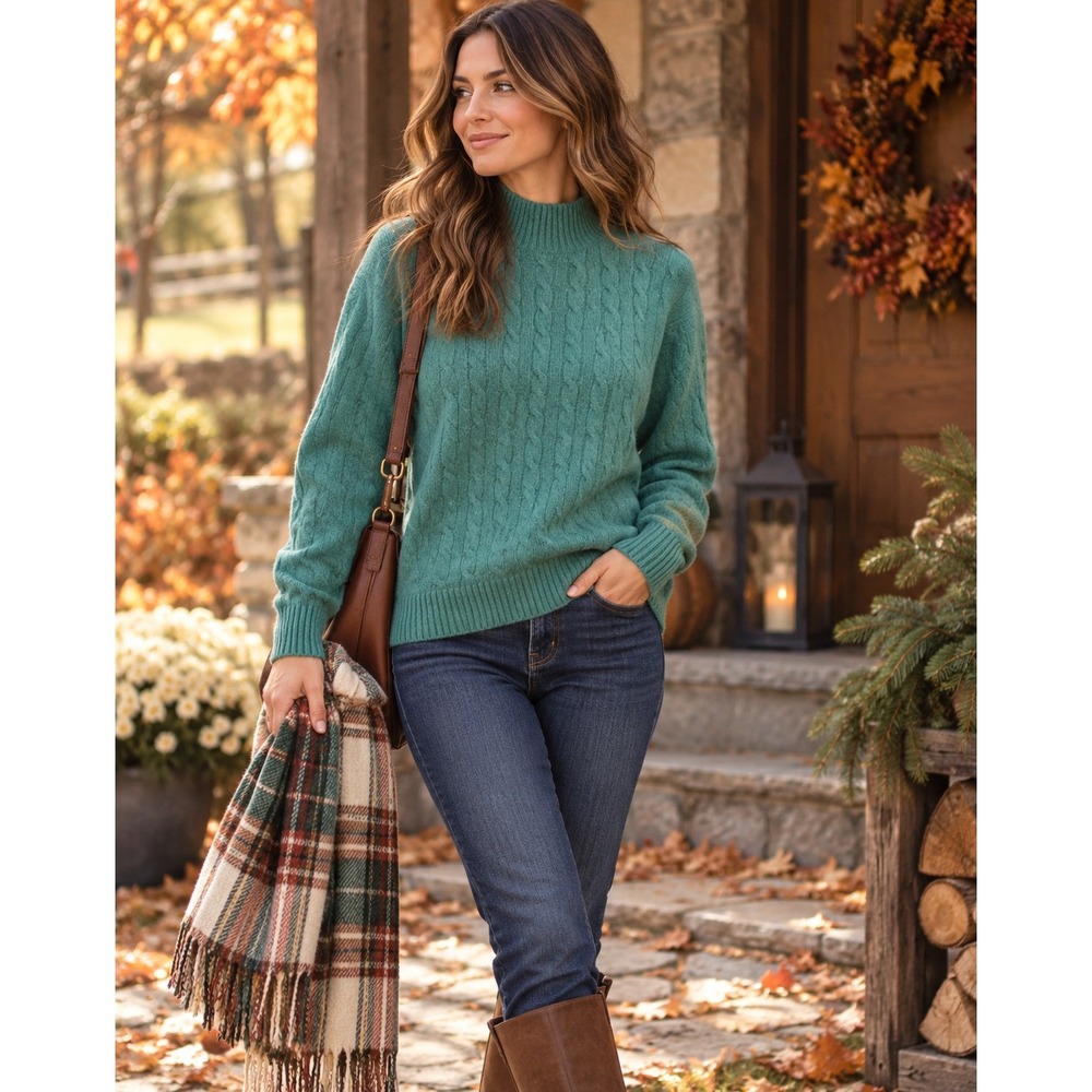 J.Crew Factory Extra Soft Cable Knit Mockneck Sweater Jade Green M Preppy Cozy